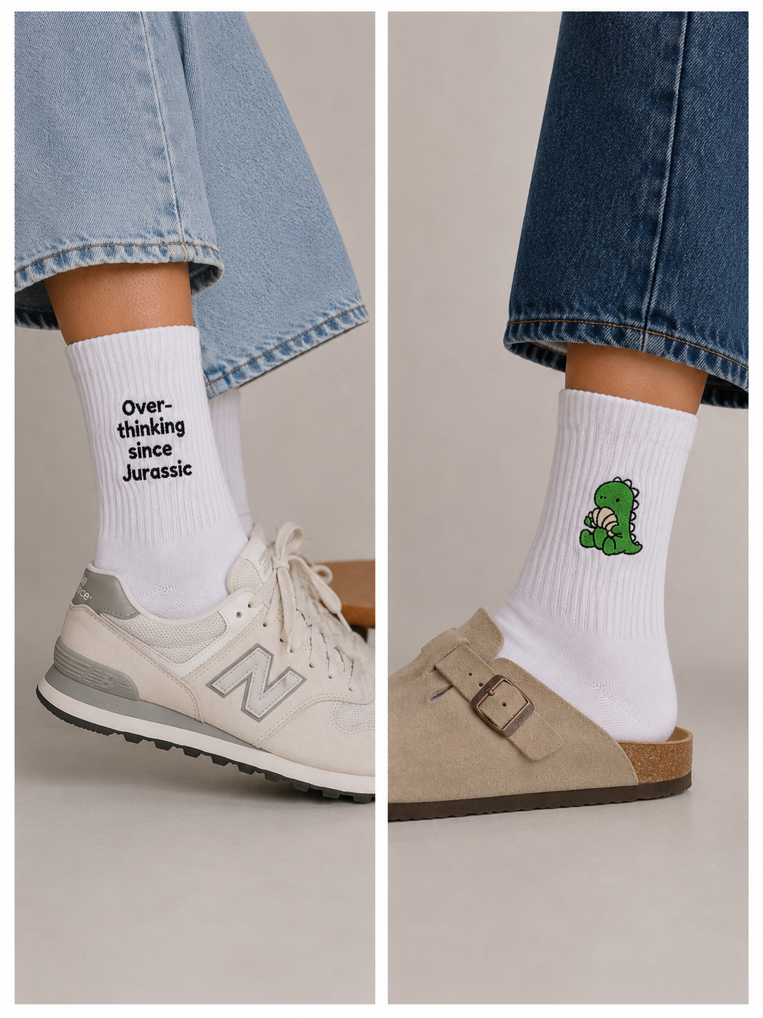 Overthinking & Dino Embroidered Socks Bundle